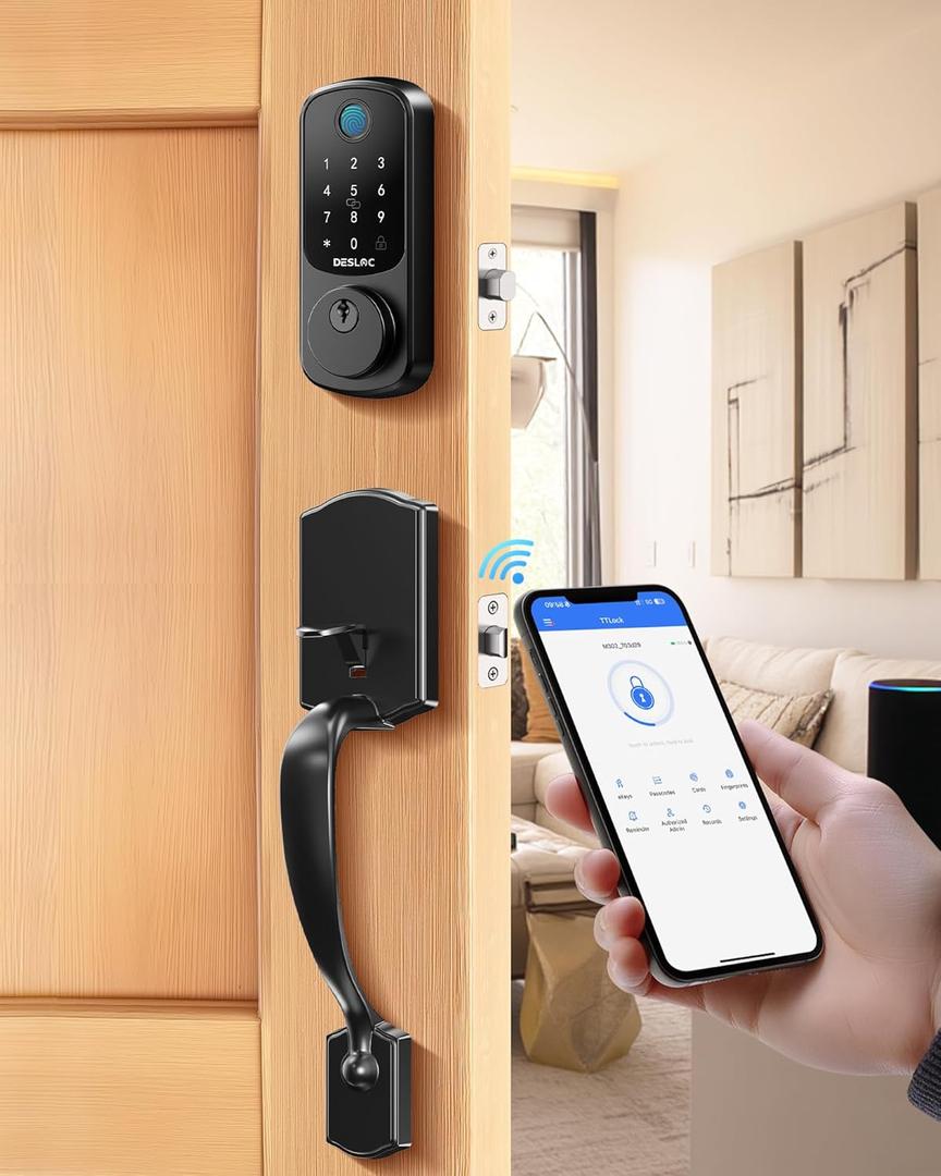 DESLOC B200 Keyless Entry Door Lock with Handle Set, Smart Locks for Front Door, Deadbolt Smart Lock, Front Door Locks Set, Electronic keypad Deadbolt with Handle, 12 Months Battery, IP54 (Black)