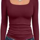 Trendy Queen Womens Square Neck Long Sleeve Shirts Double Lined Slim Fit Tops Y2K Going Out Basic Tees (Red, M)