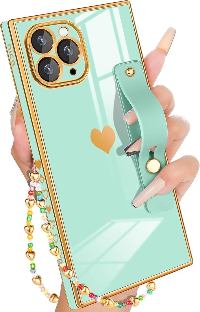 Petitian for iPhone 11 Pro Max Case Stand/String, Luxury Cute Women Girls Heart Electroplated Designer Phone Cases for 11 Pro Max, Mint Green