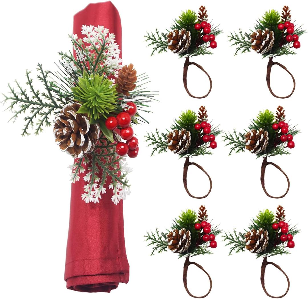 Utalek Christmas Napkin Rings Set of 6 Pine Cone Napkin Rings Holders with Berries Xmas Serviette Buckle Holder for Christmas, Dinner, Parties,Wedding, Holiday Dining Table Decor