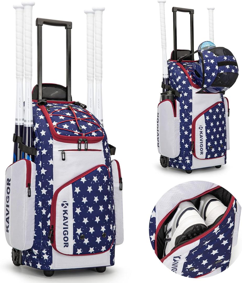 KAVIGOR Rolling Baseball Bag with Wheels, 60L Capacity Softball Bag Holds 4 Bats for Boys and Girls, Youth Equipment Bag with Shoe Compartment
