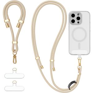 4-IN-1 Phone Lanyard + Wrist Strap Kit with 2 Pack Tabs, Universal Adjustable Phone Strap Crossbody, Anti-Theft Neck Lanyard for iPhone 17 Pro Max and Most Smartphones, Beige
