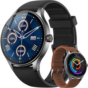 Smart Watch for Men Android iPhone [2 Bands], 1.27'' HD Fitness Watch with Bluetooth Call & Answer, IP68 Waterproof, Heart Rate/SpO2/Sleep Monitor, Built-in AI Voice, 105+ Sports Modes (Jet Black)