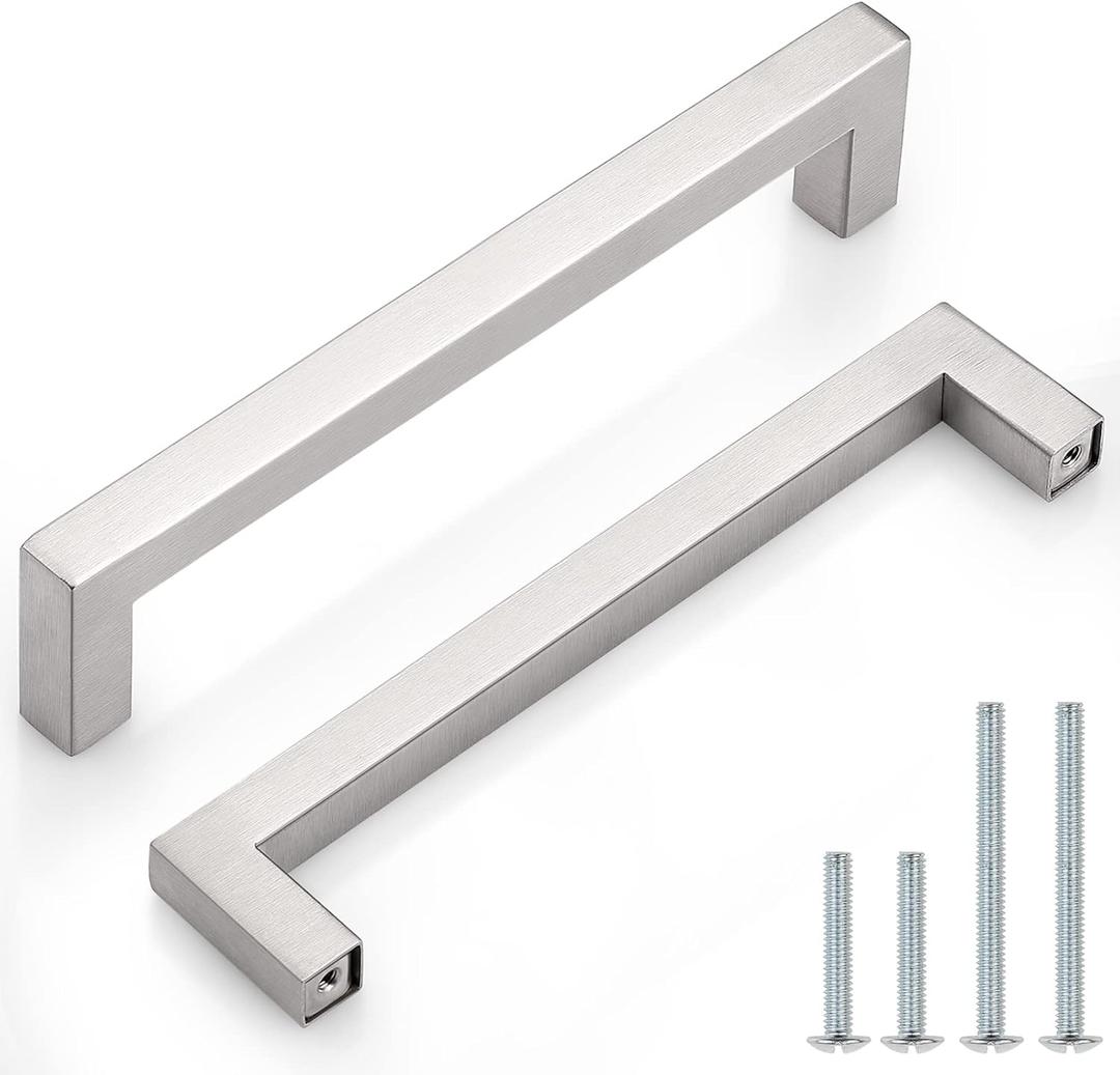 Probrico 10 Pack| Square Cabinet Handles Brushed Nickel Pulls 6-3/10 inch Hole Centers Stainless Steel Drawer Pulls Kitchen Cabinet Hardware (hole center 6-3/10", Brushed Nickel)