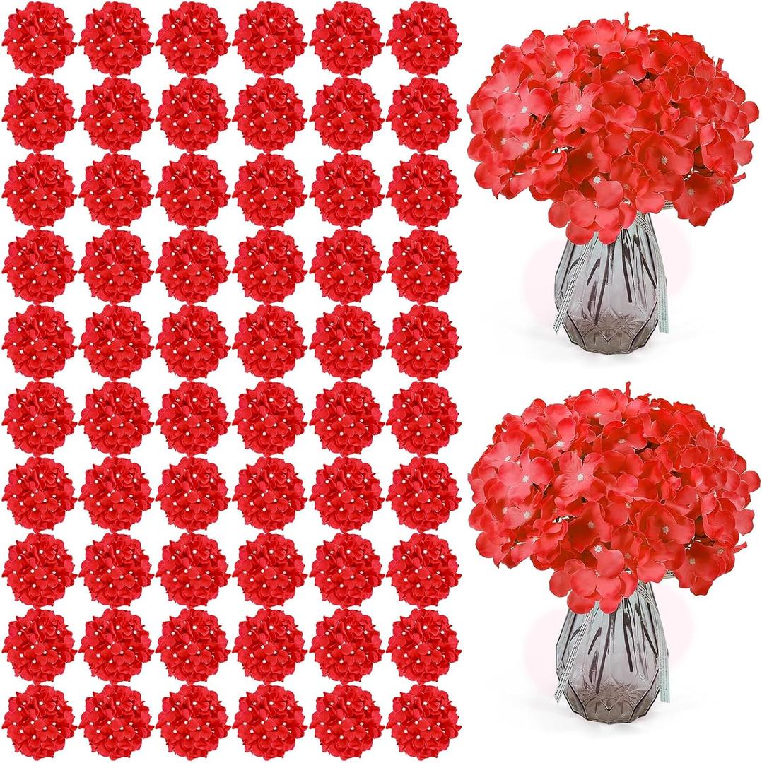 Auihiay 104PCS Hydrangea Artificial Flowers, Red Artificial Hydrangea Flowers Heads with Stems, Faux Hydrangea Flowers for Home Decor Wedding Bouquets Centerpieces