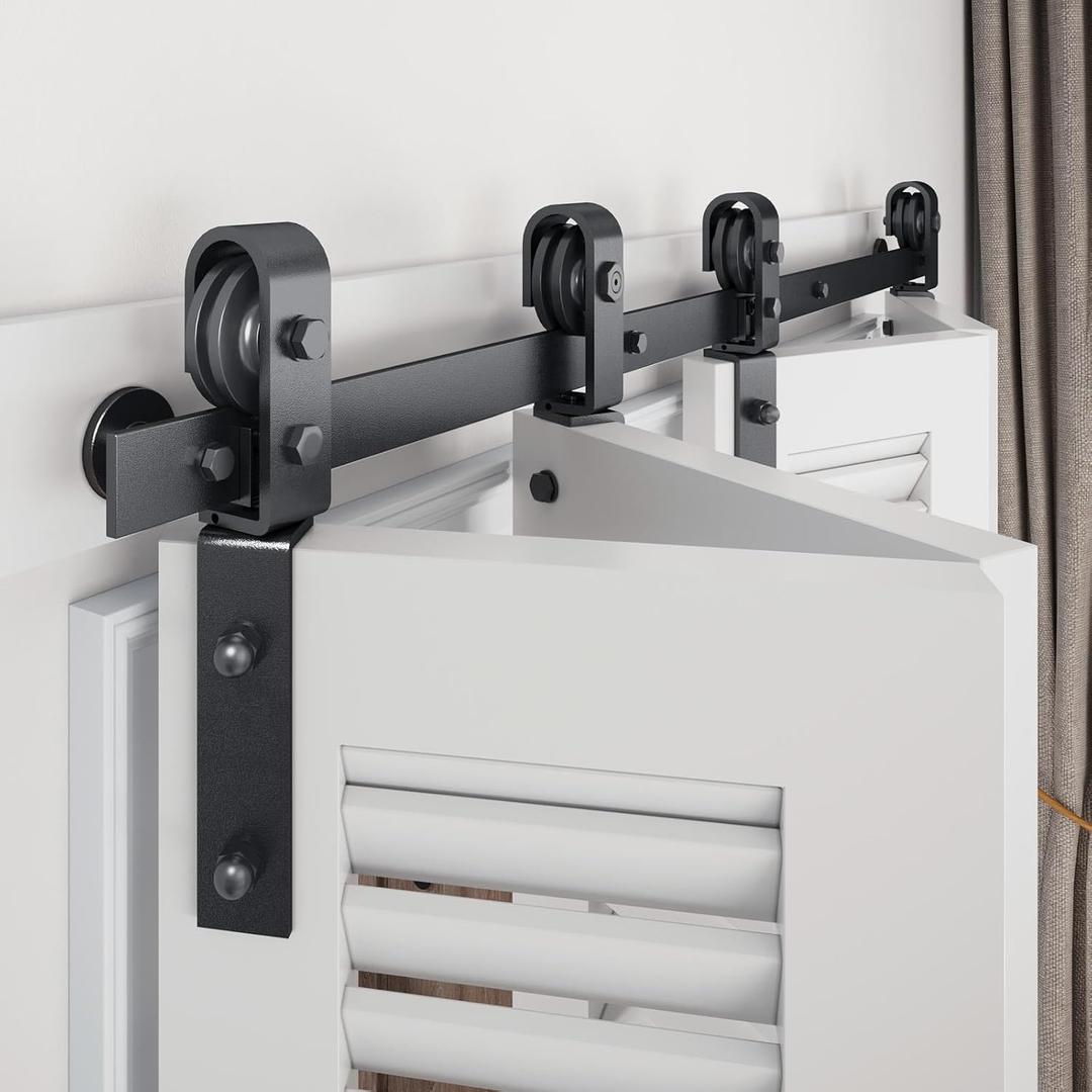 EaseLife 64" Bifold Sliding Barn Door Hardware Track Kit for 4 Closet Door,Side Mount Roller,Slide Smoothly Quietly,Easy Install,Black,64" Track Fit for Four 15" Wide Bi-Folding Door (Hardware Only)