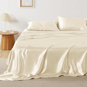 Bedsure Satin Sheets Full Size - 4 Piece Silky Bedsheets with 15 Inches Deep Pocket Fitted Bedsheet,1 Flat Sheet, 2 Satin Pillowcases, Good for Hair & Skin (Full, Cream)