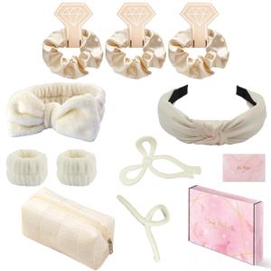Spa Headband and Wristband Set Top Knotted Headbands Big Hair Claw Clips Butterfly Hair Accessories Satin Silk Scrunchies Quilted Makeup Bag Blank Cards Gift Box Gifts for Women and Teen Girl Gifts (Exquisite packaging Type A, off white 12 Pack)