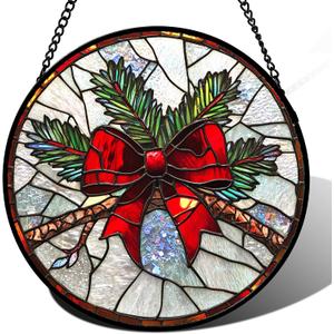 DASTOLL Stained Glass Window Hanging - Pine Branches Red Bow Suncatcher for Doors Home Christmas Decoration Silver Sun Catcher Thanksgiving New Year Birthday Gifts for Women Men Mom Nana 15 in