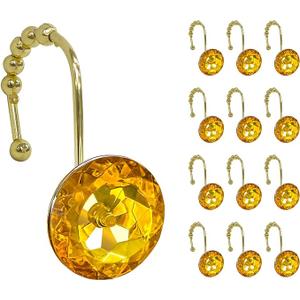 Sunlit Luxury Design Round Clear Diamond Crystal Gem Bling with Glide Balls Shower Curtain Hooks, Rust Proof Metal Rhinestones Glam Shower Curtain Rings-12 Pack