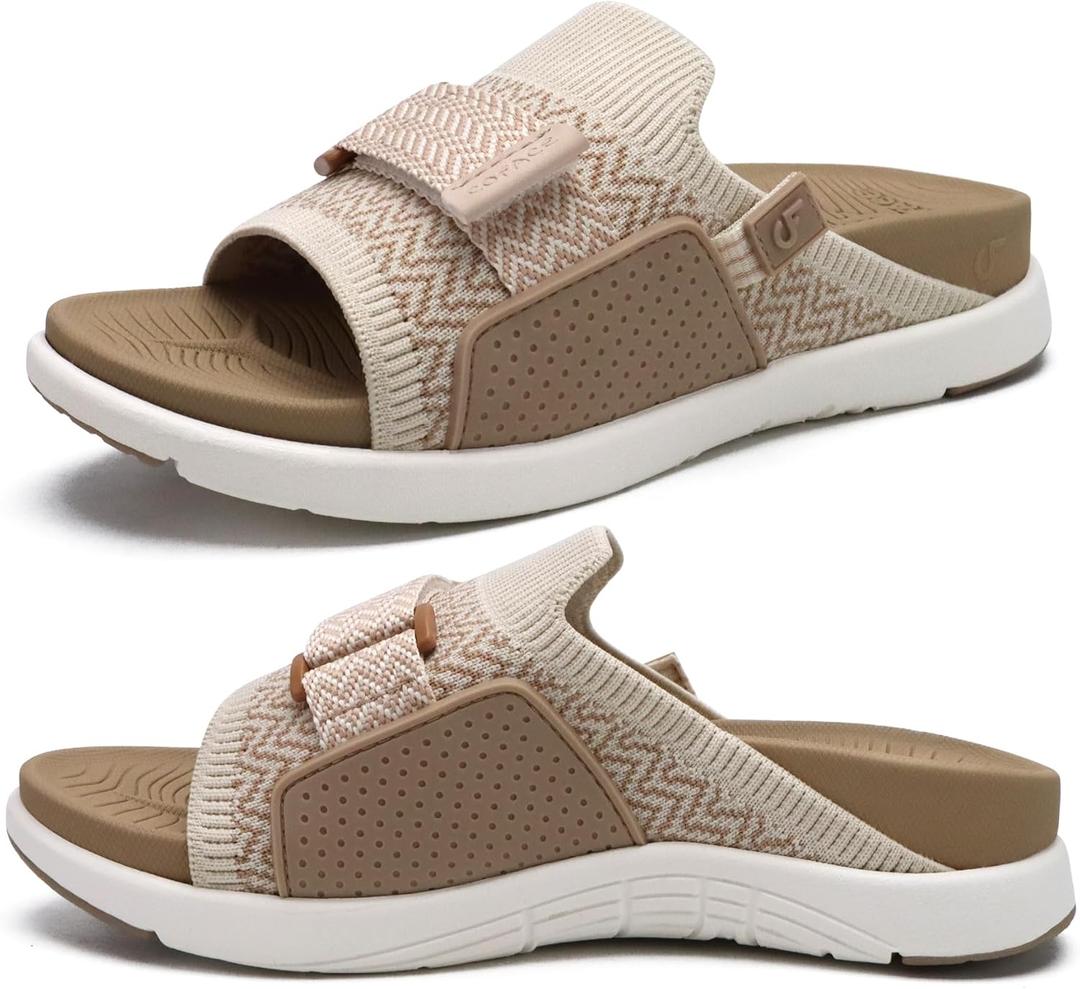 COFACE Womens Orthotic Sandals Comfortable Plantar Fasciitis Arch Support Sandal Slippers Ladies Fashion Fabric Kint Slides Sandals with Lightweight Athletic Soft Cushion Footbed (US Size 7, Beige)