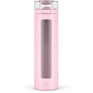 Ello Syndicate 20oz Reusable Glass Water Bottle with One-Touch Leak Proof Flip Lid, Protective Non-Slip Silicone Sleeve, Carry Loop for Coffee, Tea and Water, BPA-free, Dishwasher Safe, Cashmere Pink