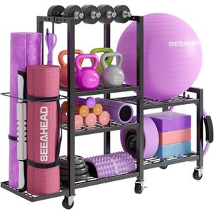 6-Tier Home Gym Storage Rack with Wheels, Dumbbell Weight Rack and Yoga Mat Organizer, Multi-Purpose Gym Equipment Storage Stand for Home Gym Accessories