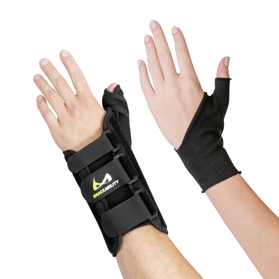 BraceAbility Wrist and Thumb Splint + Soft Undersleeve Bundle - Ultimate Arthritis, De Quervain's Support, Tendonitis Relief - Includes Protective Hand Sock and Wrist Brace Thumb Stabilizer (M-Right)