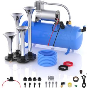 Train Horn for Truck, 178DB Loud Air Horn Kit with 4 Trumpets, 150 PSI 12V Air Compressor, 1.6Gal/6L Tank, Suit for Car Truck Pickup Semi Train Boat