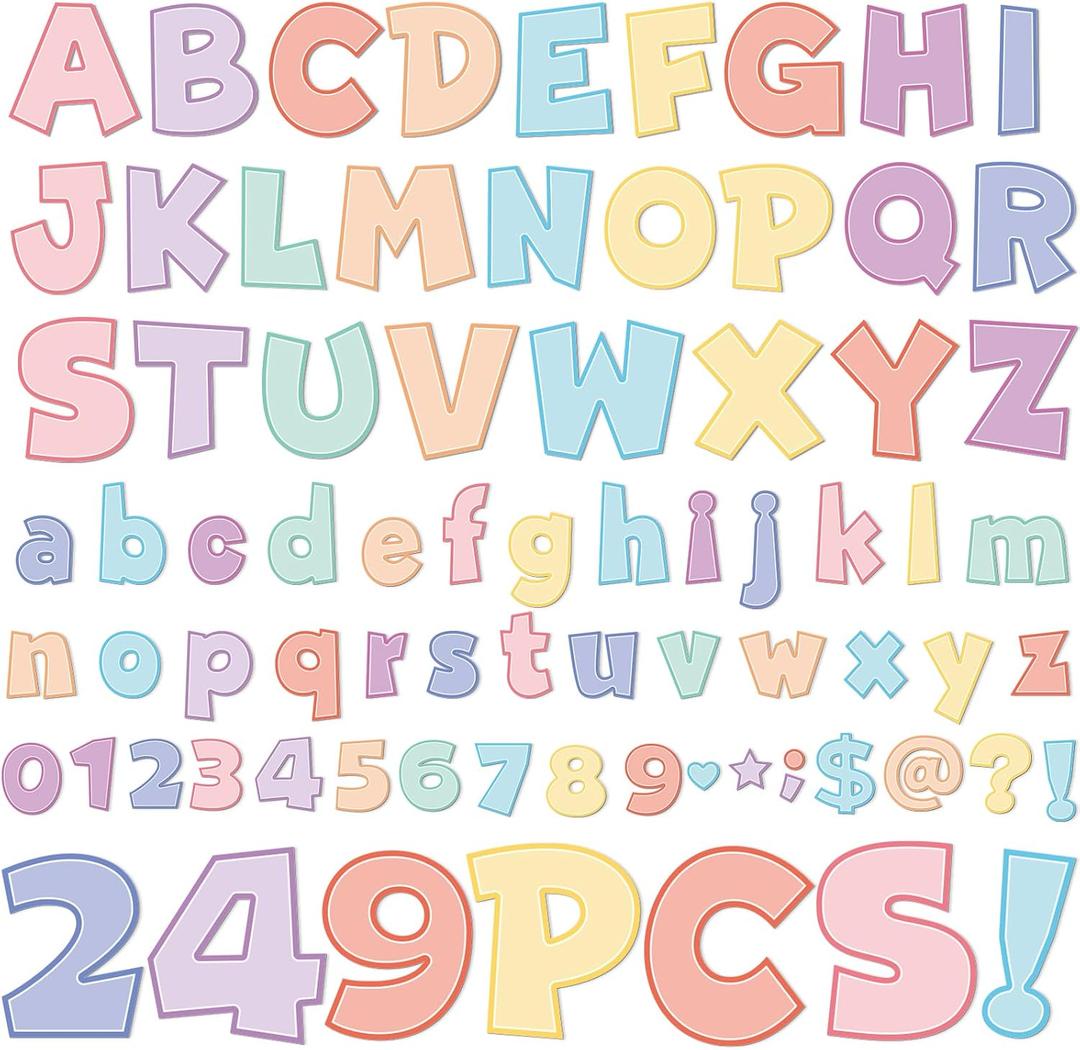 249 Pcs Bulletin Board Letters Set, 4 Inch Colorful Alphabet Numbers & Punctuation Cutouts with Adhesive Dots for Classroom Wall & School Decor (Pastel)