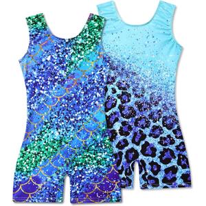 2 Packs Gymnastics Leotards for Girls Mermaid Leopard Dance Leotard Kids Biketard with Shorts (6-7 Years, 10 Blue Leopard&fish Scale)