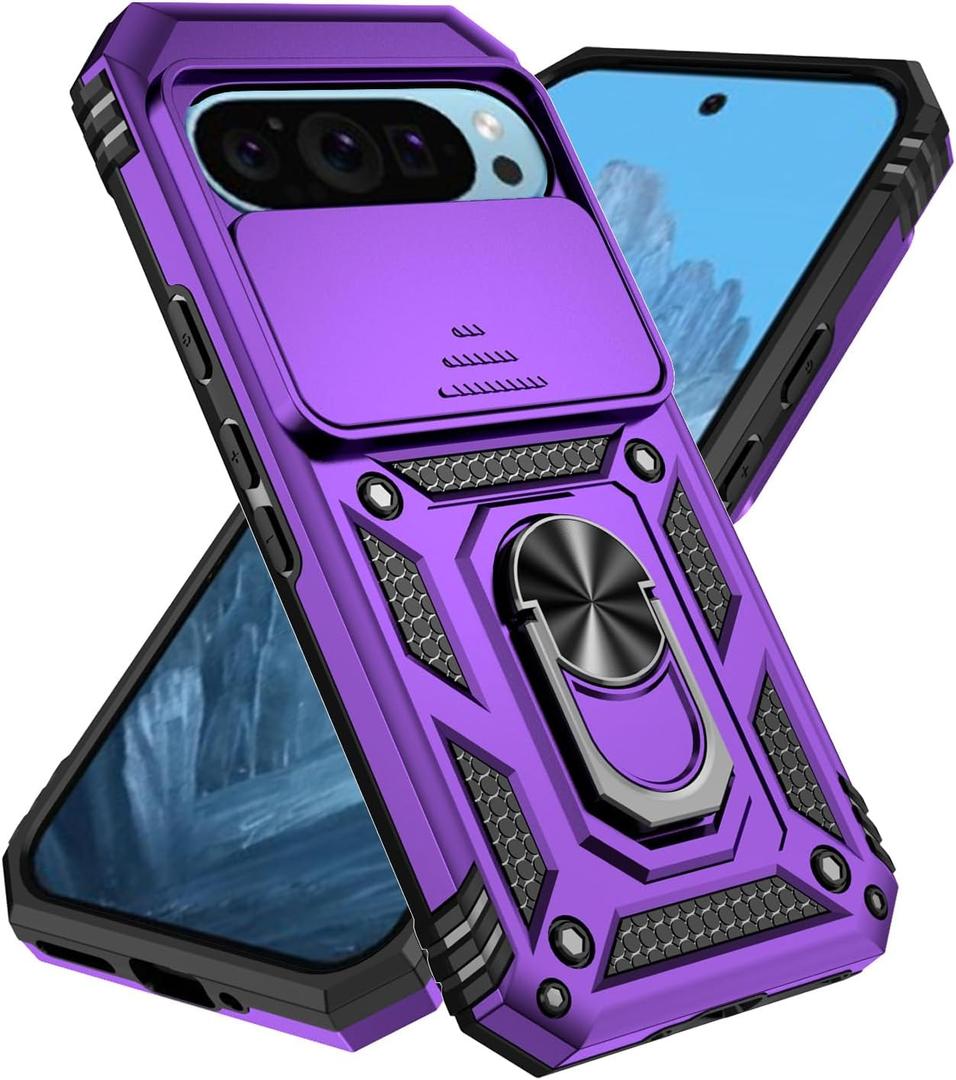 SunStory Compatible with Google Pixel 10 / Pixel 10 Pro Case with HD Screen Protector & Slide Camera Cover & Rotated Ring Kickstand, [Military-Grade] Phone Case for Pixel 10/10 Pro, Purple