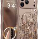 GVIEWIN for iPhone 17 Pro Max Case Compatible with MagSafe [Curly Wave Edge][Full Camera Protection] Floral Translucent Shockproof Magnetic Women Phone Case for 17 Pro Max, Floratopia/Brown
