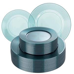 FLOWERCAT 100PCS Clear Blue Plastic Plates - Heavy Duty Plastic Plates Disposable for Summer party &Wedding - Serve for 50Guests party(10inch & 7inch)(Cyan)