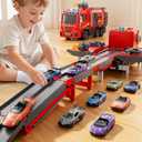 Fire Trucks Toys for Toddlers Ages 3-5, Folded Carrier Truck Race Track with with Lights & Sounds and 6 Racing Car Toys, Birthday Gift for 3 4 5 6 7 8 Years Old Boys Girls