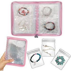 Bracelet Holder Travel Jewelry Organizer Case Transparent Jewelry Storage Book for Earring Necklace Ring with Small Clear Zippered Pouch (Pink,48 PCS Large Bags)