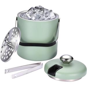 flybold Ice Bucket with Scoop - 7''x5.5''x5.5'' Small Insulated Ice Bucket with Lid and Stand - Double-Walled Stainless Steel Green Ice Holder for Party - 1.3L Ice Container for Outdoor or Indoor (Stainless Steel Green)