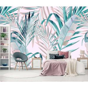 WFBHUA-Pink and Green Palm Leaf Wallpaper Large Self Adhesive Mural for Girls' Rooms 82"x57"