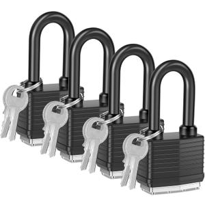 4 x 4 Packs Waterproof Padlocks with Keys for Outdoor use, Covered Heavy Duty Laminated Steel Lock, 1-9/16 Inch. Wide, Long Shackle Padlock for Storage Unit, Sheds, Garages and Fence(4 Pack)