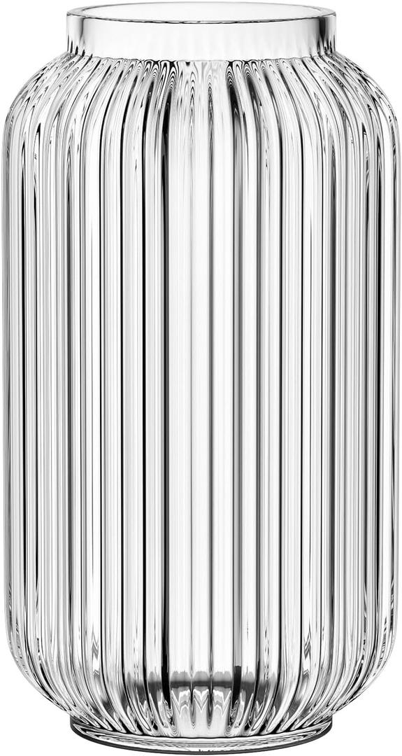 Ribbed Glass Vase, Clear Flower Vase for Bouquet, Glass Vases for Flowers, Modern Vases for Living Room, Bedroom, Kitchen, Dining Table, Office, Wedding, 8.6 Inches