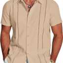 COOFANDY Men's Cuban Guayabera Shirt Short Sleeve Button Down Shirts Casual Summer Beach Linen Shirts (White)