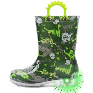Outee Toddler Kids Adorable Lightwight Waterproof Rain Boots Light Up by Steps (13 Little Kid, Green Dinosaur)