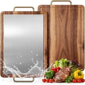 Titanium Cutting Boards for Kitchen, Reversible Acacia Wood Cutting Board, Metal Cutting Boards with Juice Groove and Handle, Versatile Board for Meat and Vegetables