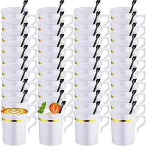 Bokon 100 Pcs Plastic Coffee Tea Cups Reusable 8 oz White Coffee Mugs Bulk with Handle and Spoon with Gold Rim Espresso Cup for Tea Cafe Milk Dessert Shop