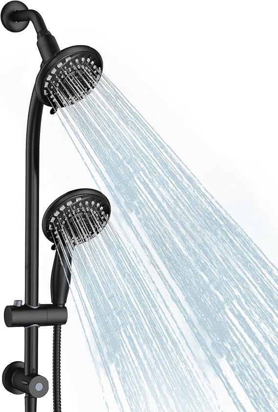 Handheld Showerhead & Rain Shower Combo for Easy Reach, 27.5" Drill-free Stainless Steel Slide Bar, 5”of 5-setting Handheld Shower and Showerhead, with 5ft Hose - Black