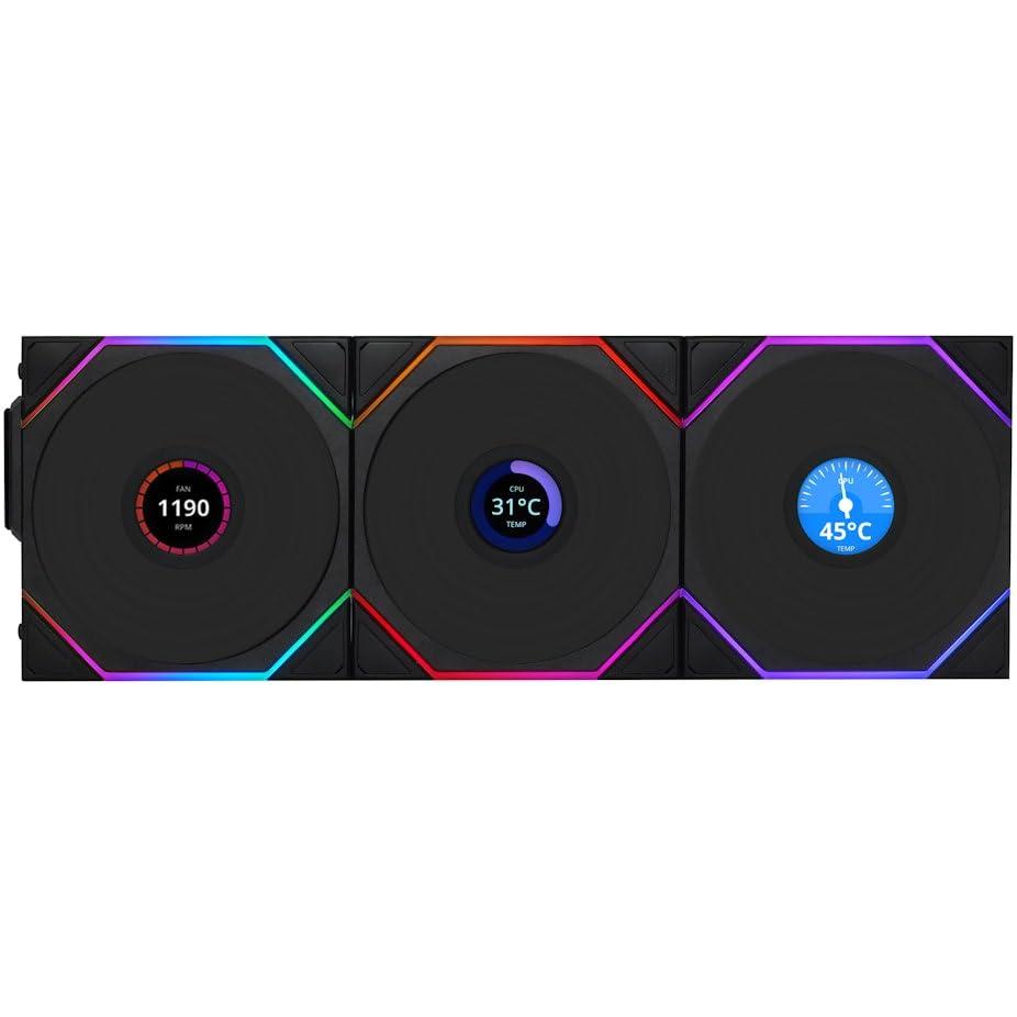 Lian Li UNI FAN TL Wireless LCD PC Fan 120mm RGB  3-Pack Gaming PC Fans Black | PWM Fans - 26 ARGB LEDs - Up to 1,900 RPM - Daisy Chain - High Airflow - Low Vibration - Silent - Infinity Mirror