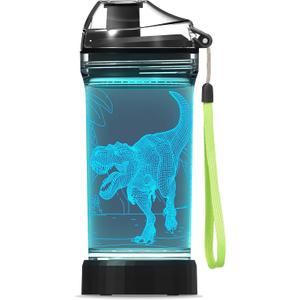 Lightzz Dinosaur Water Bottle, Dinosaur Toys for Boys 5-7 8-12 with 3D Glowing Light, Christmas Gifts White Elephant Gifts for Boys Teens, Light Up Glowing Cup 14 OZ Tritan BPA Free