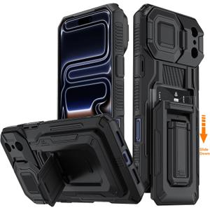 for iPhone 17 Pro Max Case with Semi-Automatic Card Slot (3-4 Cards) RFID Blocking & Kickstand & Camera Lens Cover & Wallet, Heavy Duty Rugged Phone Case (Black, for iPhone 17 Pro Max, 6.9")