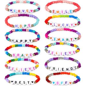 Bonuci 12 Pcs Kids Friendship Bracelets for Girls Motivational Letter Beads Bracelets Bulk for Girls Toddler Jewelry Gifts