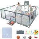 Baby playpen, 79"x71"Baby Playpen with Mat IndoorOutdoor Playpen for Babies and Toddlers with Breathable Play Pen with Ocean Balls Hanging Pocket Basketball Hoop and Football Goal
