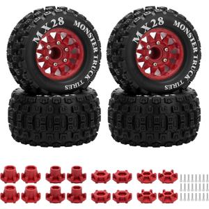 2.8" RC Tires with 12mm/14mm Hex Adapter 1/10 Scale RC Truck Tires RC Wheels and Tires Set for Traxxas Arrma Rustler Stampede 4PCS (Red) - Not Glued