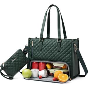 LOVEVOOK Lunch Tote Bag for Women, 15.6 Inch Laptop Bag with Insulated Lunch Compartment, Quilted Large Capacity Computer Handbag with Purse for Business, Work, Nurse, Collage, Office, Casual, Green