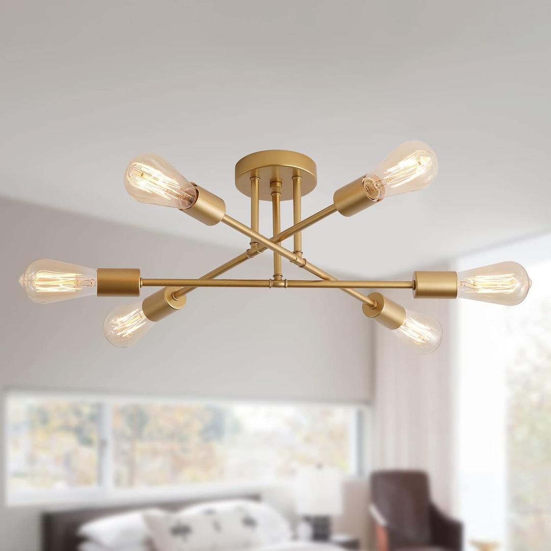Gold Modern Sputnik Chandelier Ceiling Light Fixtures,6-Lights Industrial Metal Semi Flush Mount Ceiling Light for Bedroom Dining Room Living Room Kitchen Hallway UL Listed (Gold-6)