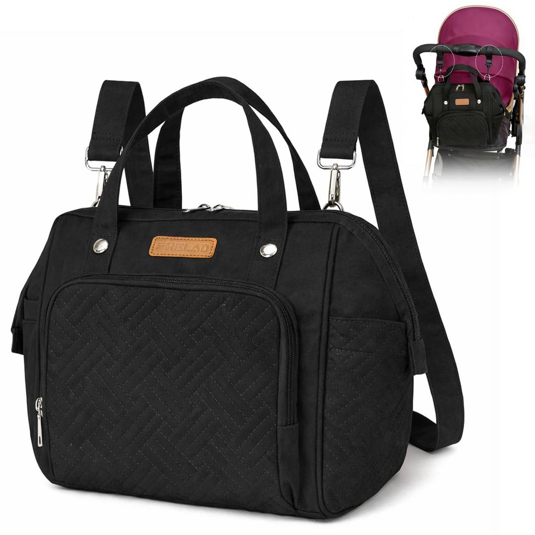 FHELAD Small Diaper Bag Backpack, Crossbody Diaper Bag with Insulated Cup Holder & Detachable Shoulder Strap, Convertible Diaper Bag Tote for Short Trip (Black)