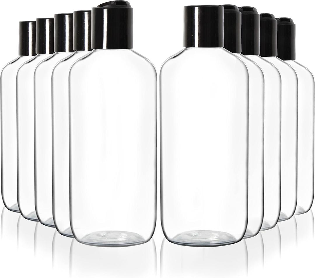 Youngever 10 Pack Clear Plastic Empty Bottles with Disc Cap 8 Ounce, Refillable Cosmetic Bottles, Squeeze Containers for Shampoo, Liquid Body Soap, Lotion, Cream (Long)