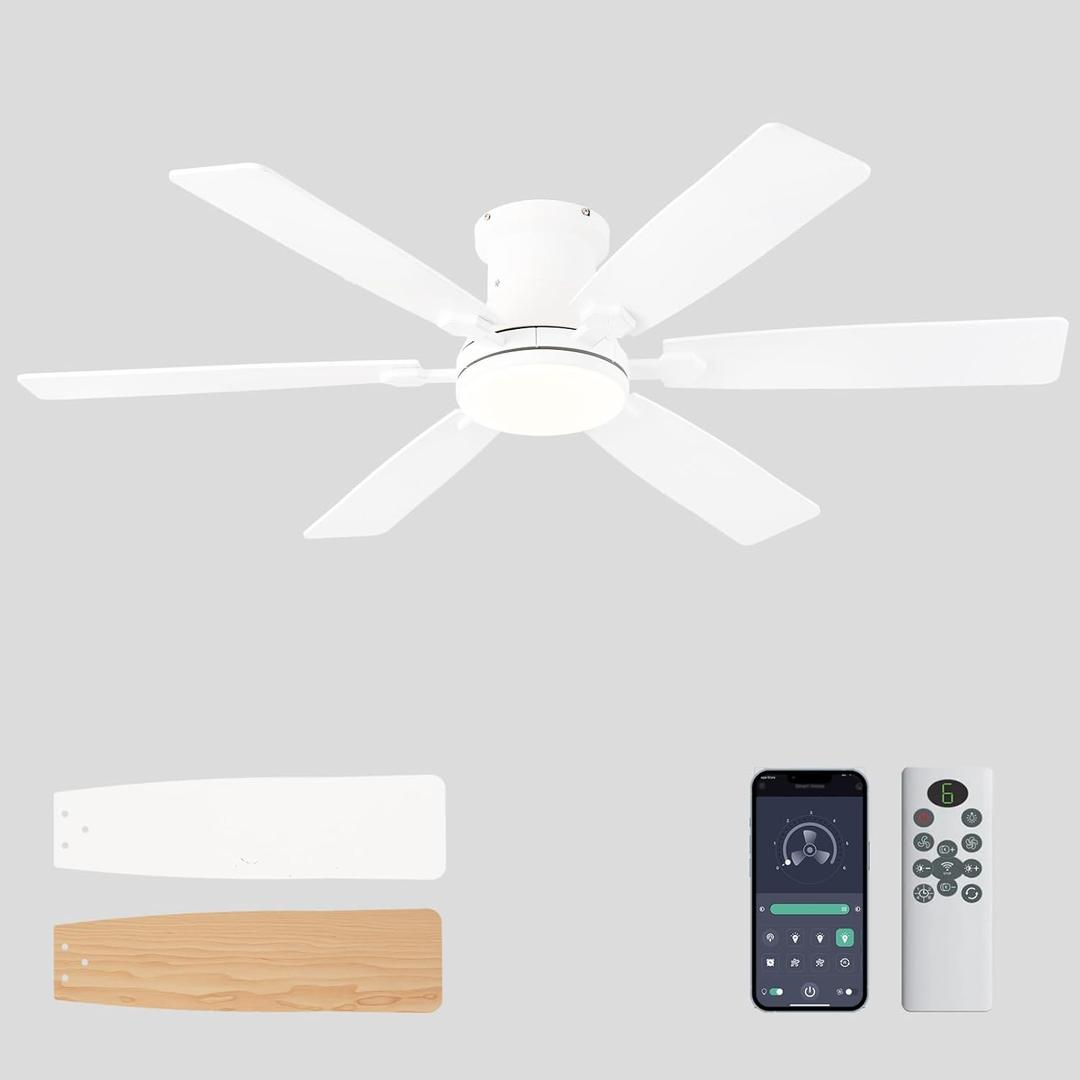 52inch Low Profile Ceiling Fan with Light and Remote/APP Control, LED Dimmable DC ReversibleModern, Flush Mount,6 Blade,White Ceiling Fan for Bedroom Living Room/Outdoor Use
