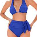 Women Modest Tummy Control Bikini Set High Waisted Ruched Bathing Suit Halter Tie Side Swimsuit (Blue, S)
