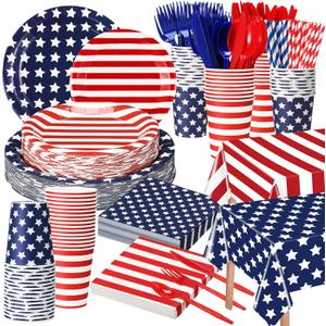 436 Pcs Patriotic American Flag Party Decorations Tablecloth Plate Napkin Cup Cutlery Straw Disposable Tableware Set for 4th of July Independence Memorial Election Day Supplies, Serves 48
