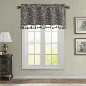 Loom and Mill Elegant Damask Valances for Living Room Window, Classic Acanthus Chenille Jacquard Window Treatment Valances with Tassels, Rod Pocket Short Curtain 1 Panel, 54 x 18, Blue-Grey+Khaki