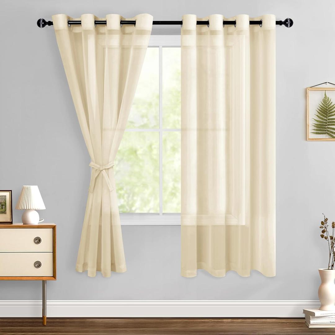 Hiasan Sheer Curtains for Living Room with Tieback, Airy Breathable Voile Textured Drapes Light Filtering Grommet Window Curtains for Bedroom, Kids' Room, Beige, W52 x L63, Set of 2 Soft Panels